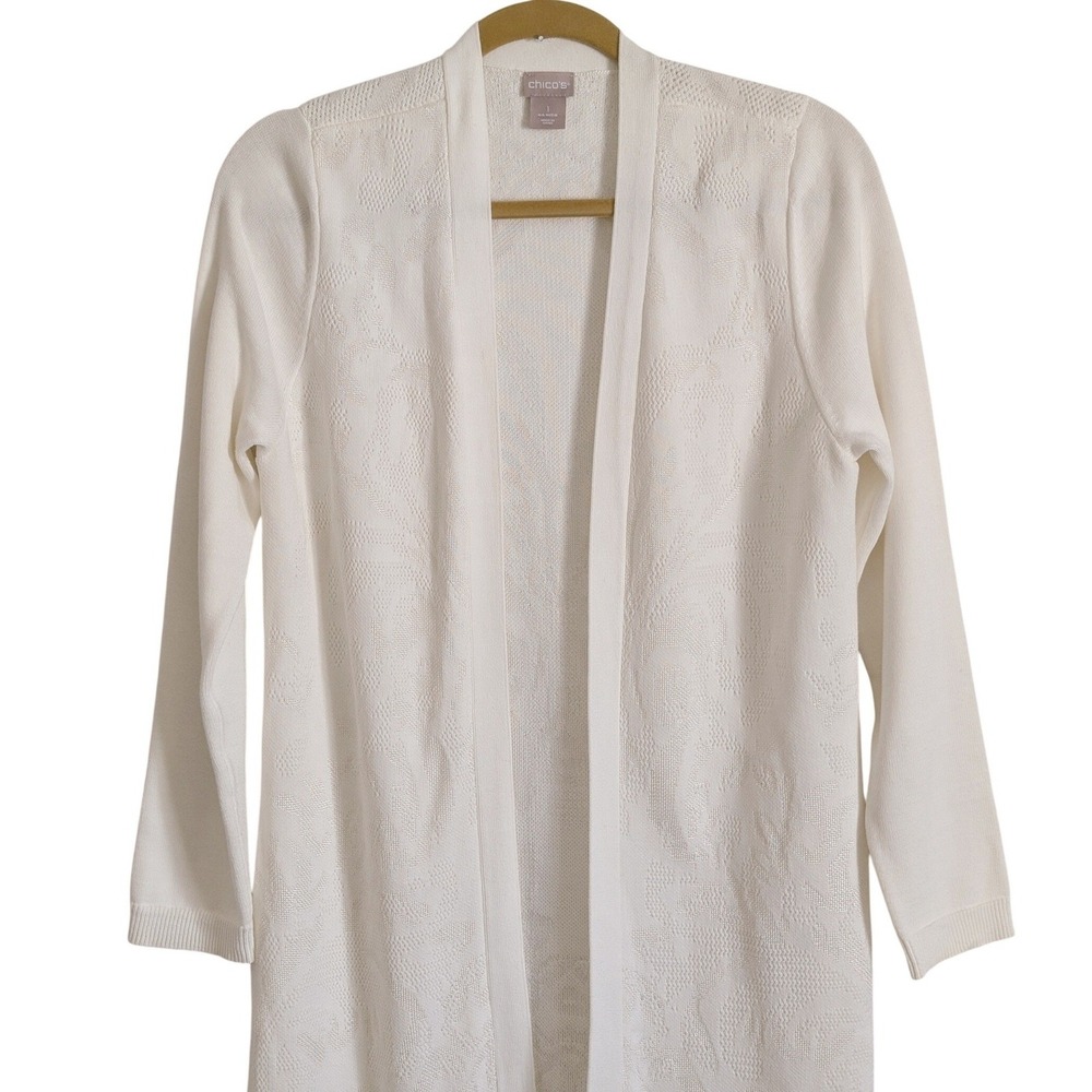 Chico's Ethereal Whimsy Boho Chic Jacquard Floral Design White Long Cardigan